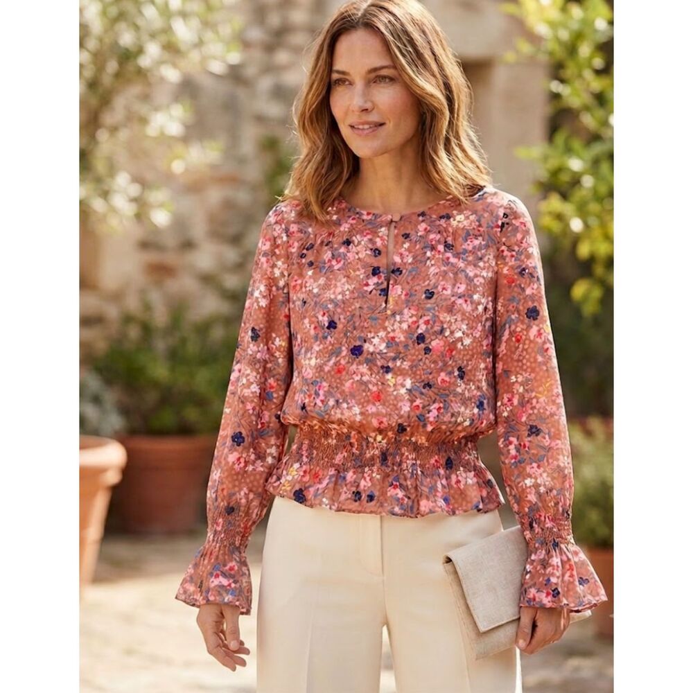 New Ann Taylor Floral Smock Bell Sleeve Peasant Top Women's Size Large - Picture 1 of 8